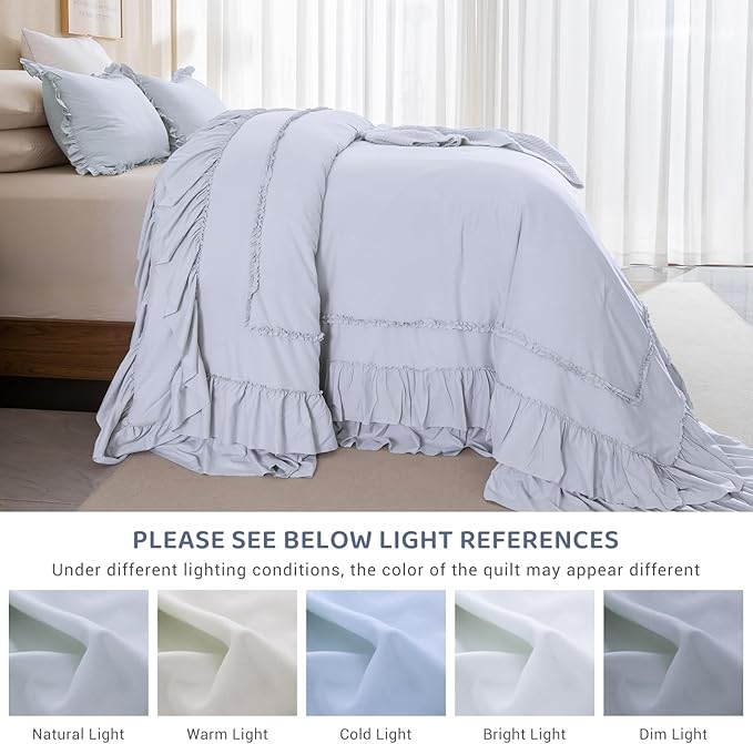 Sanracie Oversized King Comforter Sets 128" x 120", 3 Pieces Cornflower Blue Cotton Vintage Ruffle Bedding Comforter Set Lightweight Breathable Farmhouse Aesthetic Bedding Set