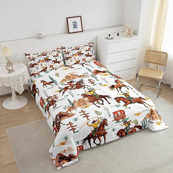 Feelyou Western Decor Comforter Twin Size Wild Western Cowboy Cowgirl Comforter Set for Boys Girls Children Horse Desert Rodeo Cowboy Style Bedding Set Room Decor Brown Duvet Set 2Pcs