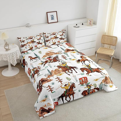 Feelyou Western Decor Comforter Queen Size Wild Western Cowboy Cowgirl Comforter Set for Boys Girls Children Horse Desert Rodeo Cowboy Style Bedding Set Room Decor Brown Duvet Set 3Pcs