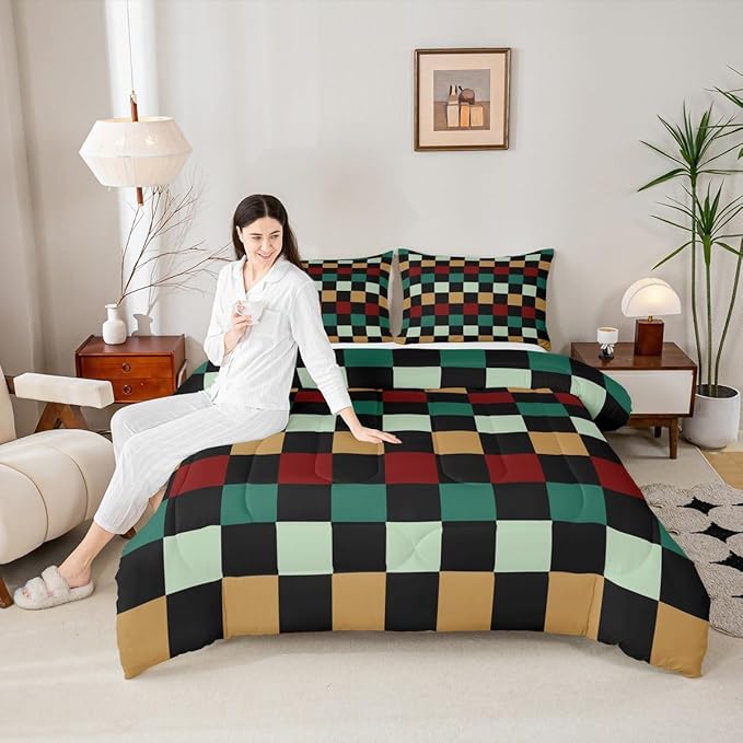 Checkered Retro Comforter Set Full Size Green Red Yellow Plaid Bedding Set for Kids Boys Girls Geometric Vintage Duvet Quilt Modern Simple Groovy Aesthetic Bedroom Decor 3 Pcs with 2 Pillow Cases