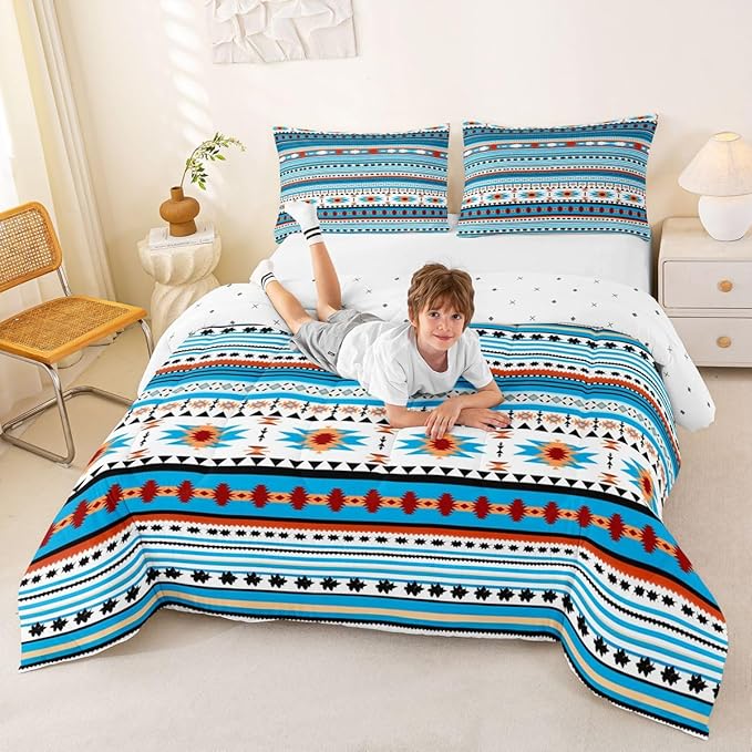 Erosebridal Western Quilt Vintage Geometric Bedding Set,Boho Comforter Set Full Duvet Insert,Western Home Decor Rustic Farmhouse Bedroom,Aztec Full Native American Blue White, Multi 37