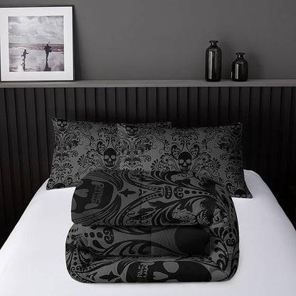 Adults Black Gothic Comforter Set Full Size,Vintage Damask Floral Bedding Set 3Pcs,Bohemia Bedding Set Goth Skull Printed Quilted Set for Teens Adult with 1 Comforter and 2 Pillowcase