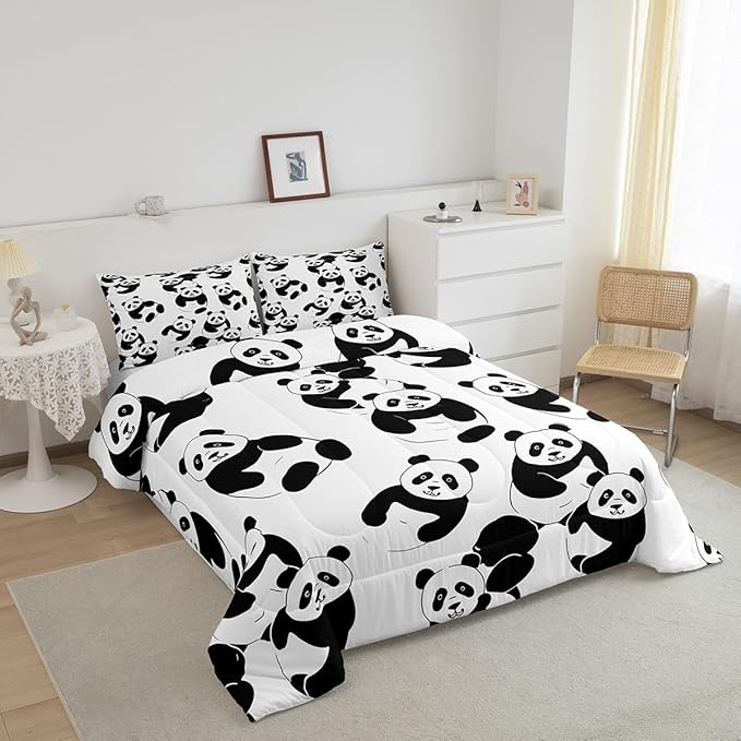 Erosebridal Cartoon Panda Comforter Set, Cute Panda Down Comforter Queen, Wildlife Animal Quilted Duvet, Animal Comforter Set for Nursery Toddler Kids Boys Girls, Soft Breathable Duvet Insert