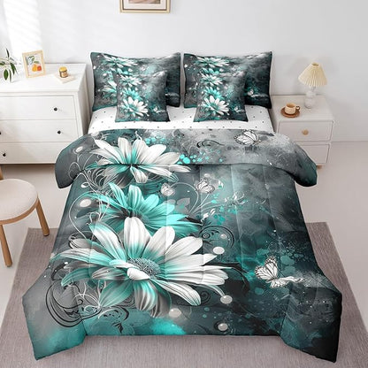 Feelyou Flower Comforter Set Twin Size 7 Pieces Vintage Floral Bedding Set for All Season Butterfly Floral Botanical Bed in a Bag with Comforter, Sheets, Pillowcases & Cushion Cover