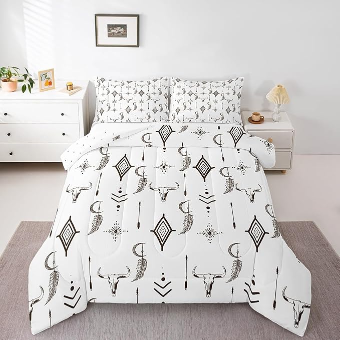 Feelyou Western Bull Skull Comforter Set Ethnic Horns Boho Bedding Set Twin Size for Kids Adult Brown White Tribal Symbol Mysterious Aztec Comforter