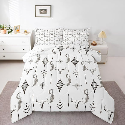 Feelyou Western Bull Skull Comforter Set Ethnic Horns Boho Bedding Set King Size for Kids Adult Brown White Tribal Symbol Mysterious Aztec Comforter