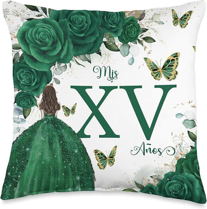 Emerald Green Floral Quinceañera Mis XV Años Throw Pillow Throw Pillow