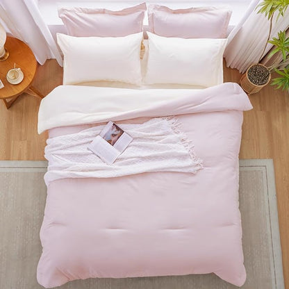 Pink Comforter Set Queen, Pink and White Bedding Set Reversible, 7 Pieces Soft Bed in a Bag Queen with Comforter, Sheets, Pillowcases & Shams, All Seasons Boho Queen Bed Set