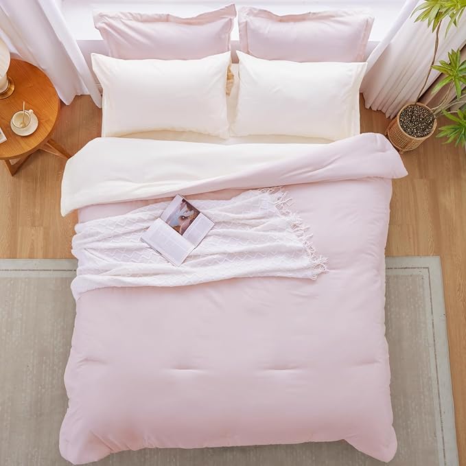 Pink King Size Comforter Set, Reversible Bedding Set, 7-Piece Soft Bed in a Bag with Comforter, Sheets, Pillowcases & Shams, All Seasons Boho King Bed Set