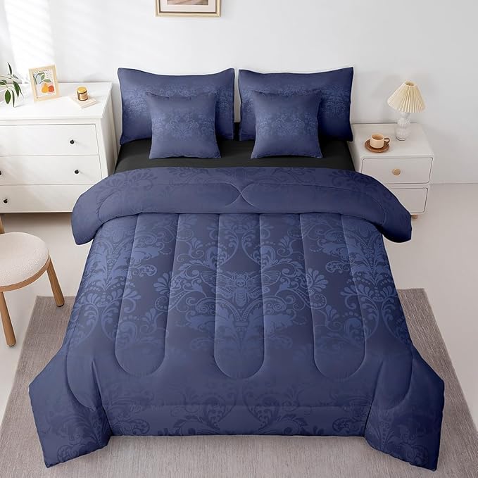 Erosebridal Gothic Damask Bed in a Bag King Size Comforter Set 7 Pieces,Exotic Moth Bedding Sets Azure Blue Victorian Floral Goth Sheet Set with Comforter