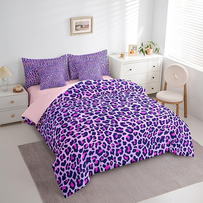 Feelyou Girls Leopard Print Comforter Set Full Size 7 Pcs Women Purple Leopard Comforter Bed in a Bag Safari Wild Animal Bedding Set for Teens Pink Bed Set with Sheets, Pillowcases, Pillow Covers