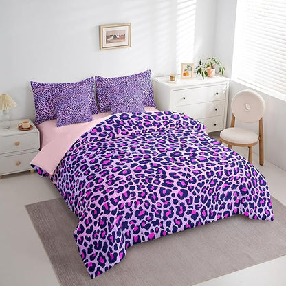Feelyou Girls Leopard Print Comforter Set King Size 7 Pcs Women Purple Leopard Comforter Bed in a Bag Safari Wild Animal Bedding Set for Teens Pink Bed Set with Sheets, Pillowcases, Pillow Covers