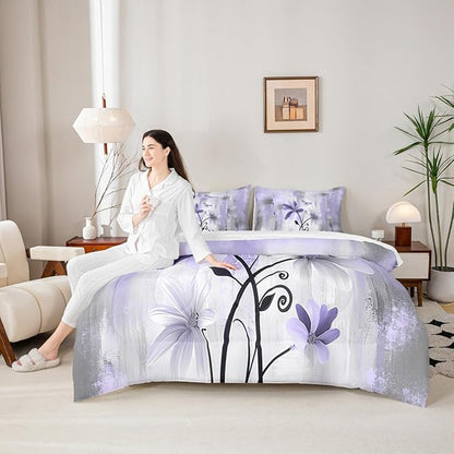 Feelyou Girls Daisy Flower Comforter Set with Sheets Queen Size 7 Pieces Kids Vintage Floral Butterfly Bedding Set for Boys Women Teens Purple White Grey Simple Modern Abstract Art Bed in a Bag