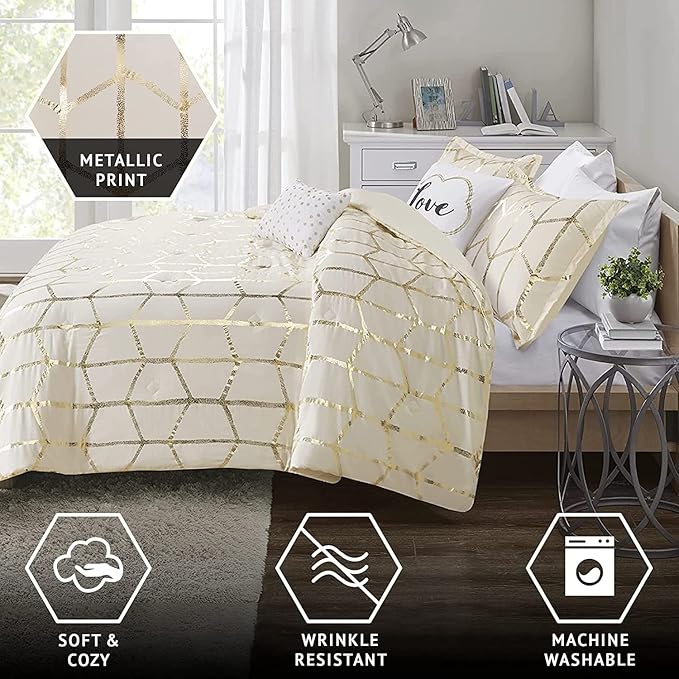 Intelligent Design Raina Full/Queen Comforter Set, Soft Microfiber, Modern Geometric Metallic Bed Set, 5 Pieces College Bedding with 2 Shams, 2 Toss Pillows Ivory/Gold
