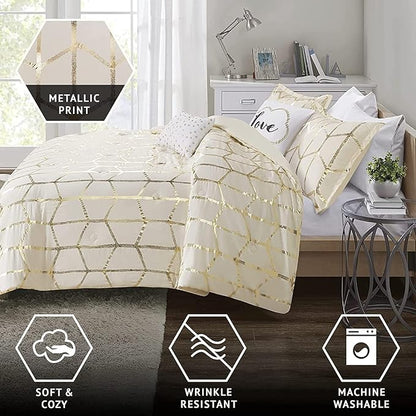 Intelligent Design Raina Full/Queen Comforter Set, Soft Microfiber, Modern Geometric Metallic Bed Set, 5 Pieces College Bedding with 2 Shams, 2 Toss Pillows Ivory/Gold