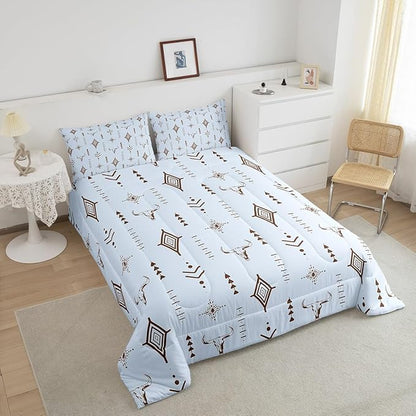 Feelyou Bull Skull Western Bedding Set Twin Size Ethnic Horns Boho Comforter Kids Adult Tribal Symbol Mysterious Aztec Comforter Set Soft Microfiber