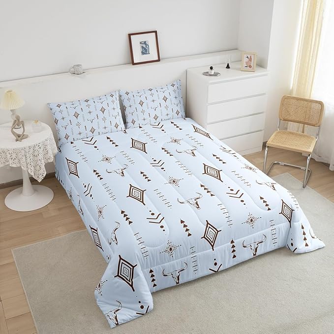 Feelyou Bull Skull Western Bedding Set King Size Ethnic Horns Boho Comforter Kids Adult Tribal Symbol Mysterious Aztec Comforter Set Soft Microfiber