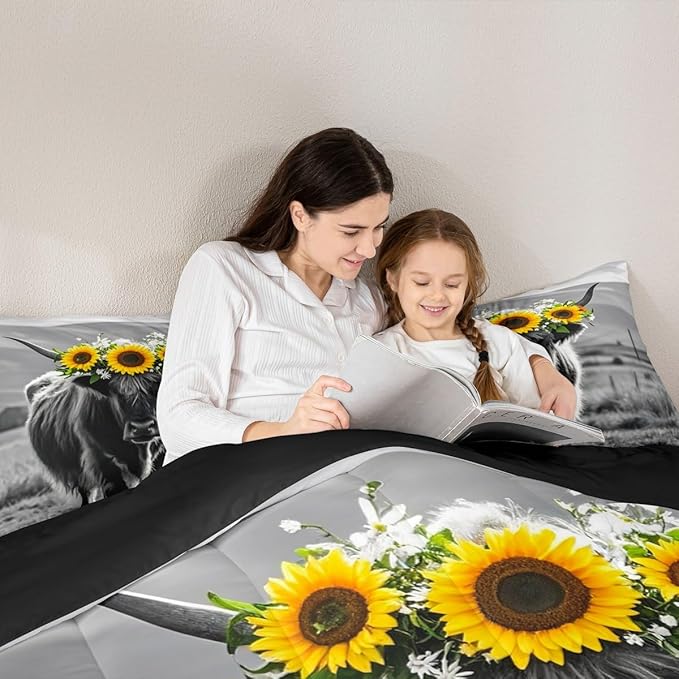 Erosebridal Highland Cow Comforter Set Twin, Longhorn Bull Cattle Bedding Set, Farmhouse Sunflower Floral Quilt, Western Style Farm Animal Bed Set for Kids Adults Bedroom Decor, 1 Pillowcase