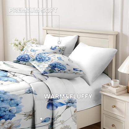 Nesker 7 Pcs Spring Comforter Set Queen Size, Blue Hydrangea Floral Bedding Set for Kids and Adults, White Flower Bed Sheet Sets with Fitted Sheet 2 Pillowcases & 2 Shams