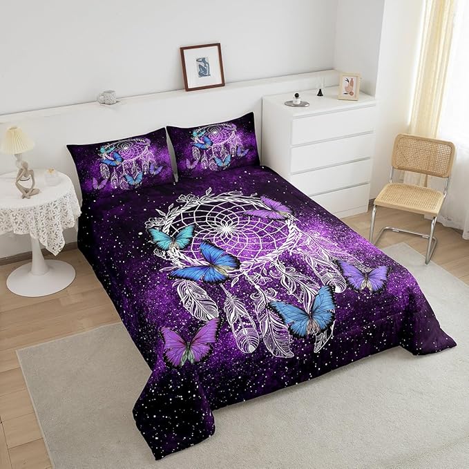 Butterfly Dream Catcher Comforter Set for Kids Teens Girls,Mandala Feather Bedding Down Comforter King Size,Bohemian Duvet Insert,Galaxy Theme Luxury Microfiber Quilt for Girly Woman,Purple