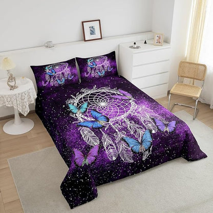 Butterfly Dream Catcher Comforter Set for Kids Teens Girls,Mandala Feather Bedding Down Comforter King Size,Bohemian Duvet Insert,Galaxy Theme Luxury Microfiber Quilt for Girly Woman,Purple