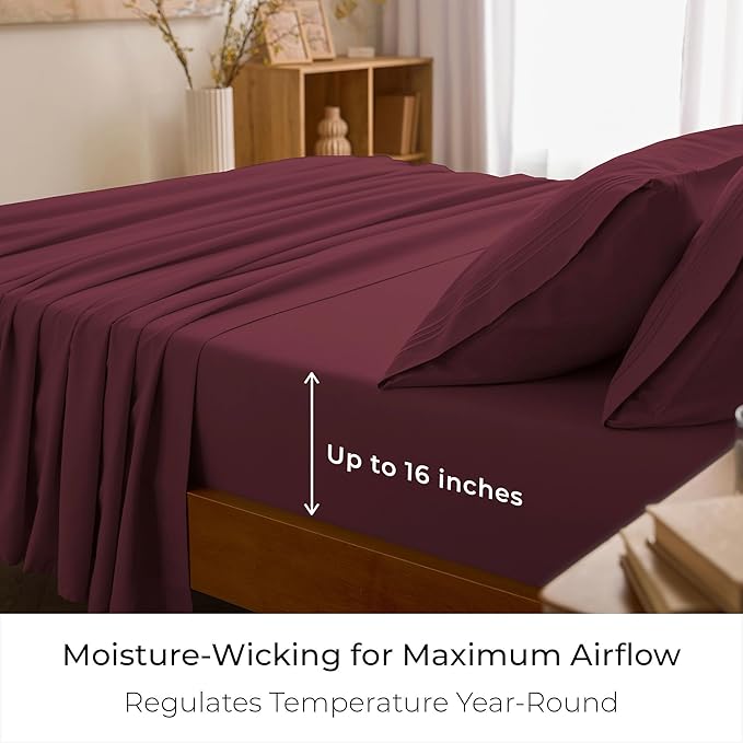 Mellanni Full Sheets Set - 4 PC Iconic Collection Bedding - Hotel Luxury, Extra Soft, Cooling Bed Sheets - Wrinkle, Fade, Stain Resistant (Full, Burgundy)