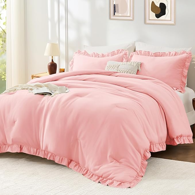 FUANNA Twin Comforter Set Pink, 2 Pieces Ruffle Twin Bed Set, Fluffy Twin Bedding Sets for All Seasons, Farmhouse Bed in a Bag with 1 Comforter & 1 Pillowsham