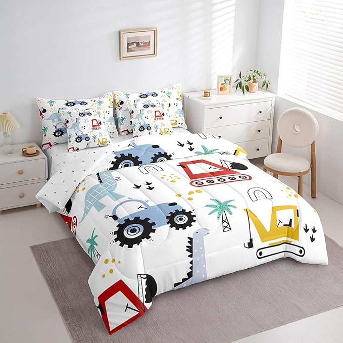 jejeloiu Kids Cartoon Dinosaur 7 Piece Bedding Set King Size Cartoon Car Comforter Set with Sheets for Boys Girls Construction Excavator Bed in a Bag Jungle Dino Bed Set