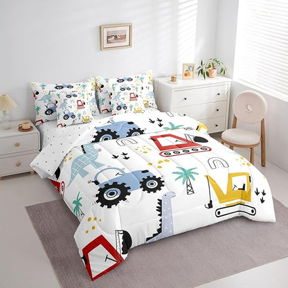 jejeloiu Kids Cartoon Dinosaur 7 Piece Bedding Set King Size Cartoon Car Comforter Set with Sheets for Boys Girls Construction Excavator Bed in a Bag Jungle Dino Bed Set
