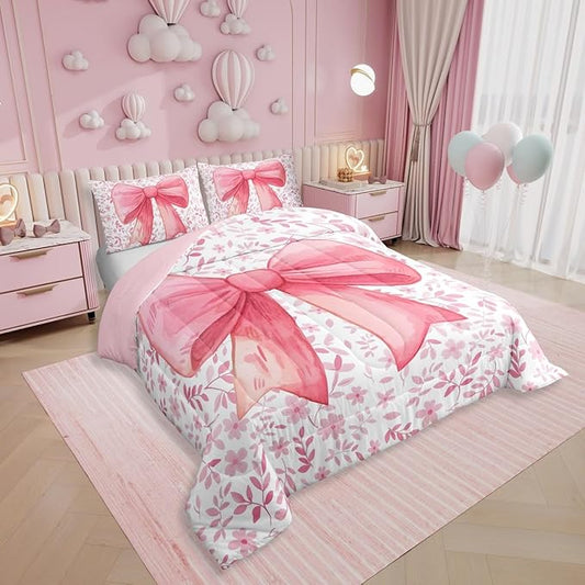 Erosebridal Cute Princess Girls Bedding Comforter Sets Kawaii Bowknot Bedding Set King for Kids Teen Women,Fantasy Pink White Flower Plant Comforter Set Watercolor Bow Duvet Insert 3 Pcs