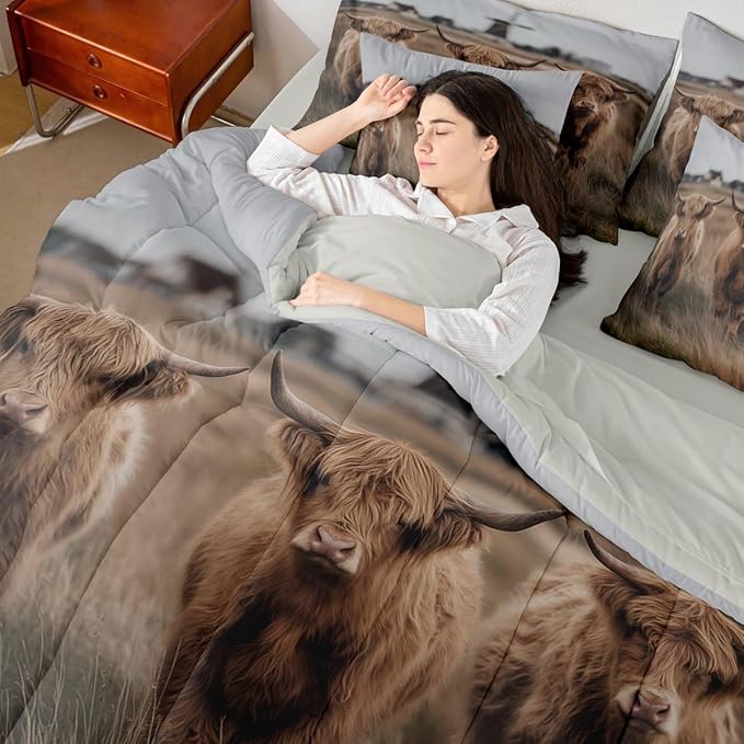 Erosebridal Cow Print King Bedding Set - Western Highland Cow Bed in A Bag,Wild Animal Comforter Sets with Sheets, Farmhouse Country Style 7 Pieces Bed Set Bedroom Decor