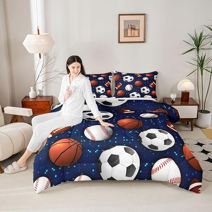 Ball Game Comforter Set for Kids Boys Teens,Baseball Duvet Insert Twin Size,Basketball Soccer Bedding Set Bedroom Decor,Glowing Neon Sports Theme Quilt Comforter with 1 Pillowcase All Season