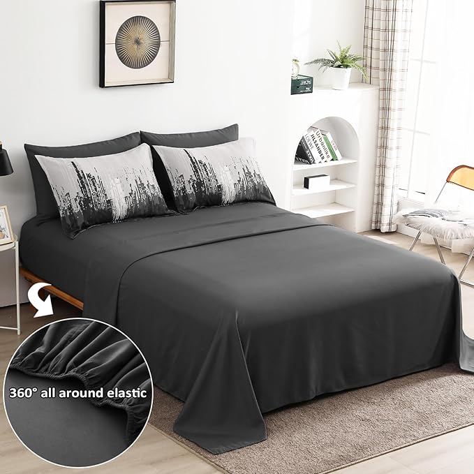 WONGS BEDDING Comforter Set Queen,Black Grey 7 Pieces Bed in a Bag Colorful Abstract Art Gradient Comforter Soft Microfiber Bedding Set with Comforter,Flat Sheet,Fitted Sheet,Pillow Shams,Pillowcases