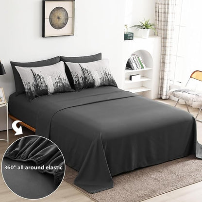 WONGS BEDDING Comforter Set King, Black Grey 7 Pieces Bed in a Bag Colorful Abstract Art Gradient Comforter Soft Microfiber Bedding Set with Comforter,Flat Sheet,Fitted Sheet,Pillow Shams,Pillowcases
