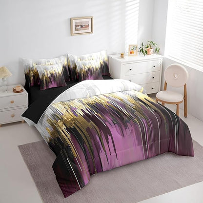 Purple Gradient Bedding Twin Size 7-Piece Oil Painting Stripe Comforter Set Brush Marks Contemporary Ombre Bedding Comforter Sets Watercolor Graffiti Bed in a Bag, Aesthetic Modern Bedding Accessories