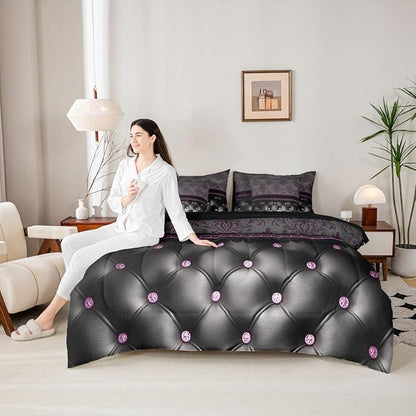 Erosebridal Purple Damask Queen Comforter Set with Sheets | Antique Decor Gothic Vintage Floral 7-Piece Bedding Set Luxury Black Diamond Texture Pattern Bohemian Bed in a Bag, Goth Victorian Bed Sets