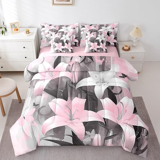 Feelyou Girls Lily Flower Comforter Set with Sheets King Size 7 Pieces Kids Butterfly Floral Bedding Set for Boys Women Teens Pink Black Simple Modern Abstract Art Bed in a Bag Room Decor