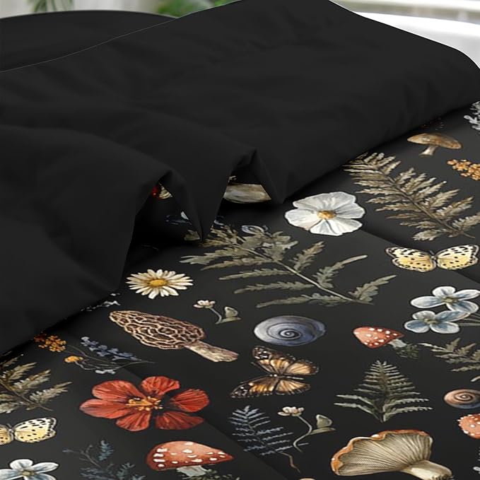 Comforter Set Twin Size, Mushroom Fern 5 Pcs Bedding for Kids and Adults, Woodland Plants Botanical Bed Sheet Sets with Fitted Sheet Pillowcases & Shams for Bedroom Bed Decor