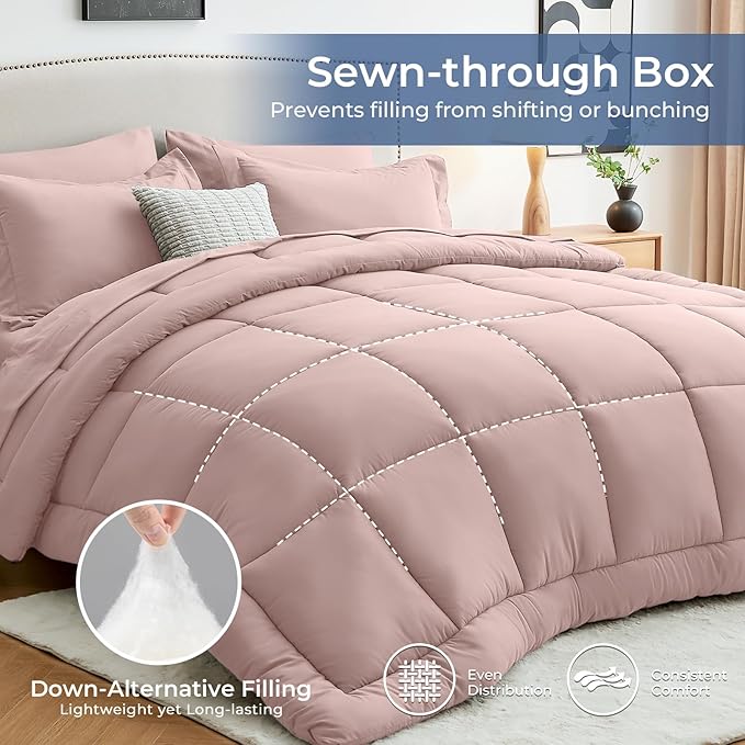 Sasttie California King Comforter Set, 7 Pieces Cal King Bed in a Bag, Complete Bedding Set Includes Comforter, Flat Sheet, Fitted Sheet, Pillowcases and Pillow Shams, Rose Gold