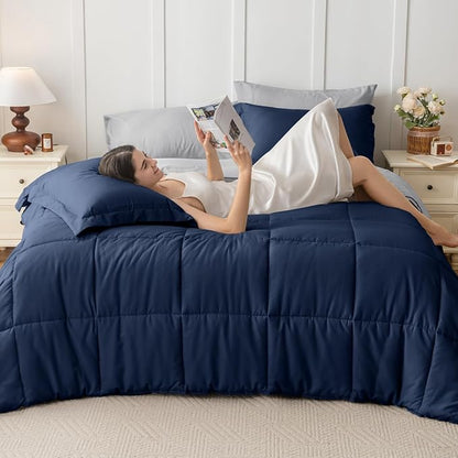 JOLLYVOGUE Twin Comforter Set, Ultra-Soft Bed in a Bag Twin Size 5 Pieces, Oeko-TEX Certified Bedding Set with Down Alternative Comforter, Sheets, Pillowcases & Shams, Navy Blue & Light Grey