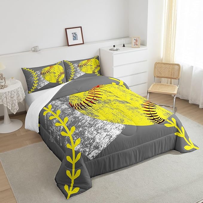 Softball Comforter Set for Kids Boys Girls,Yellow Baseball Bedding Set Queen Size Lightweight,Graffiti Watercolor Ball Game Down Comforter Bedroom Decor,Young Man Sports Quilted Duvet 3 Piece