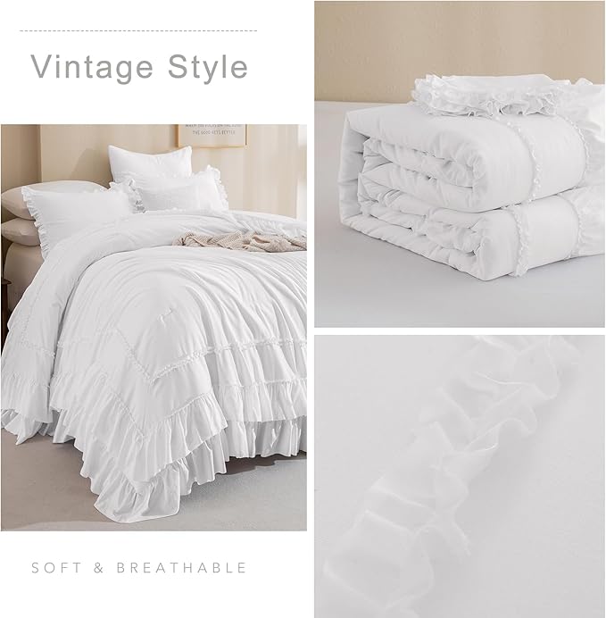 QSH 3PCs Natural White Ruffled Oversized King Comforter 120x120, Shabby Boho Chic Farmhouse Ruffle Bed Comforter Set California King Comforter Ultra Soft Microfiber Lightweight Fluffy Bedding