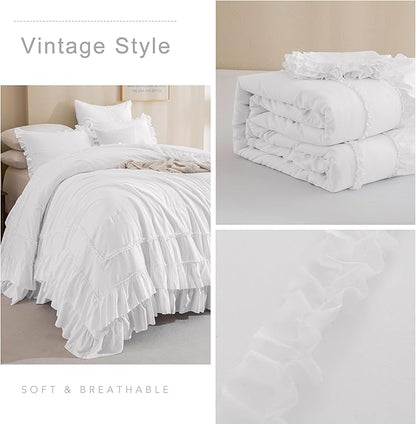 QSH Oversized King Comforter 128x120,3PCs Natural White Farmhouse French Country Ruffled Bedding Comforter Set Shabby Boho Chic California King Bed Comforter Rustic Lightweight Soft Microfiber Bedding