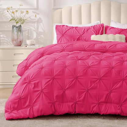 BEDELITE Hot Pink Queen Comforter Set - 3 Pieces Boho Pintuck Bedding Comforter Sets, Lightweight Soft & Warm Bed Comforter Queen with 2 Pillowcases for All Season