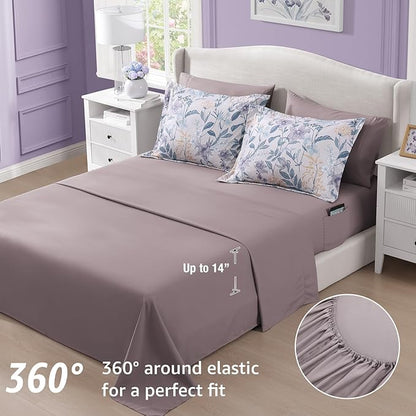 CASAAGUSTO Queen Comforter Set, 7 PCS Purple Iris Floral Comforter Set with Flowers Leaves Pattern, Soft Seersucker Design All Season Queen Size Bedding Set(90"X90")