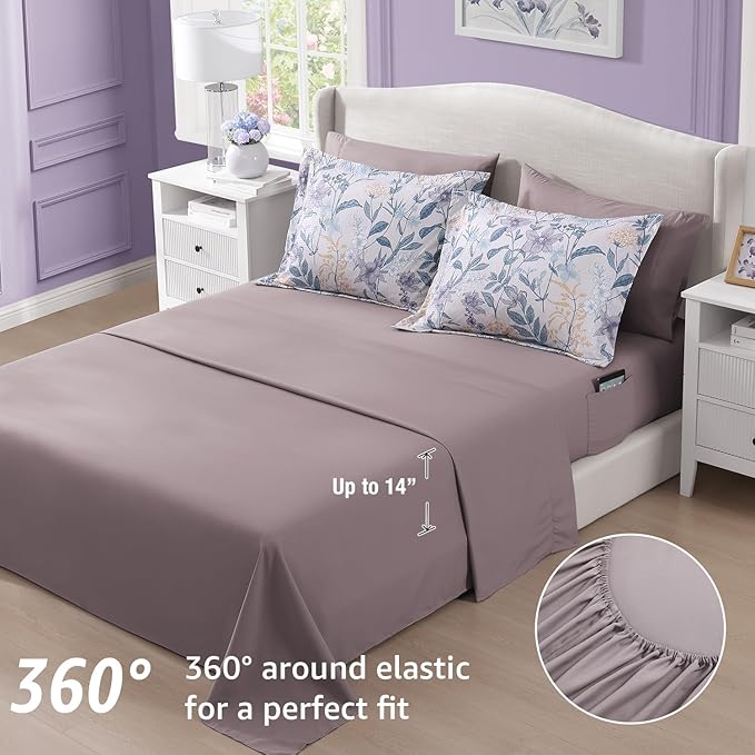 CASAAGUSTO King Comforter Set, 7 PCS Purple Iris Floral Comforter Set with Flowers Leaves Pattern, Soft Seersucker Design All Season King Size Bedding Set(102"X90")