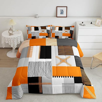 Erosebridal Orange Grey Comforter Set Toddler Black White Abstract Bedding Set for Kids Teen Adults Geometric Square Quilt Grids Checkered Duvet Insert Modern Fashion Room Decor 2 Pcs