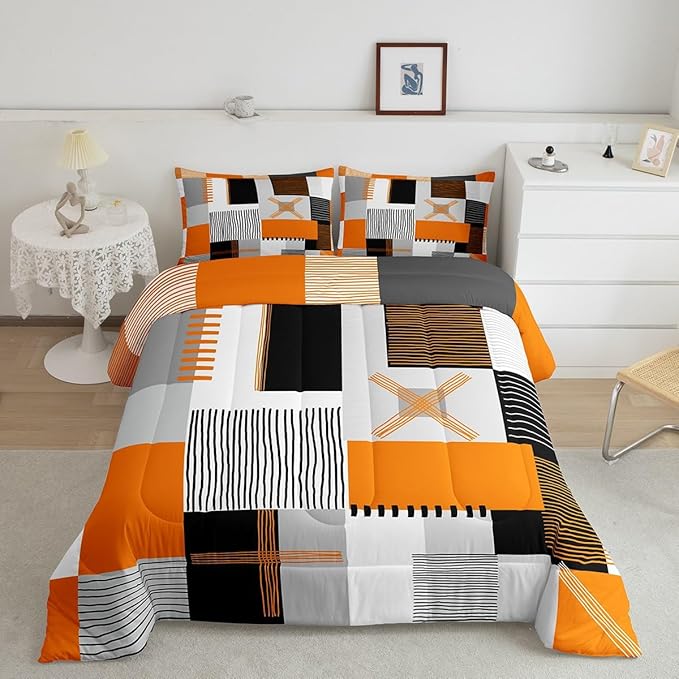 Erosebridal Orange Grey Comforter Set Full Black White Abstract Bedding Set for Kids Teen Adults Geometric Square Quilt Grids Checkered Duvet Insert Modern Fashion Room Decor 3 Pcs
