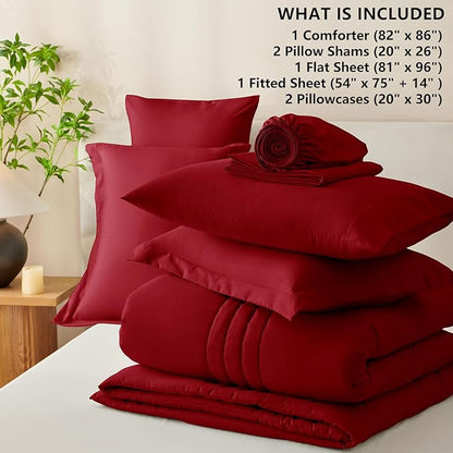 CozyLux Full Comforter Set - 7 Pieces Bed in a Bag Dark Red Comforter Set with Sheets Luxury Bed Set All Seasons, Soft Bedding Set with Down Alternative Comforter, Sheets, Pillowcases & Shams
