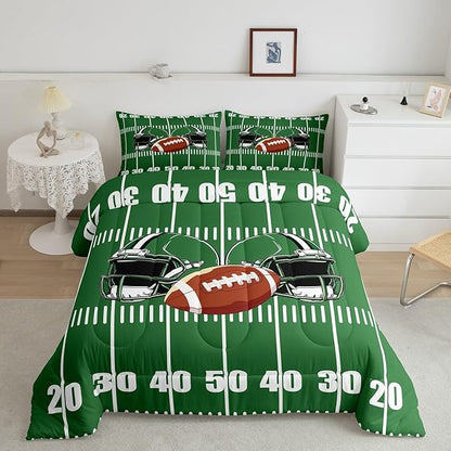 Feelyou Rugby Comforter Set Queen Size Soccer Ball Game Comforter for Boys Girls Teens Football Bedding Set Gift for Football Lover Duvet Set Grass Green Quilt Set